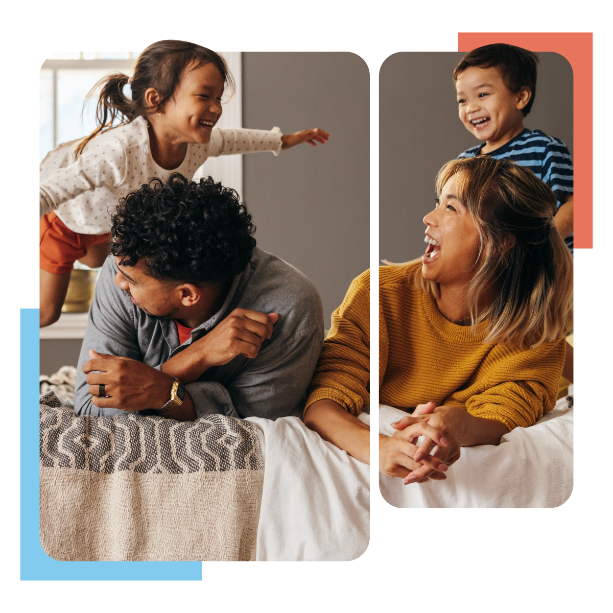Mother and father playing on a bed with their two children